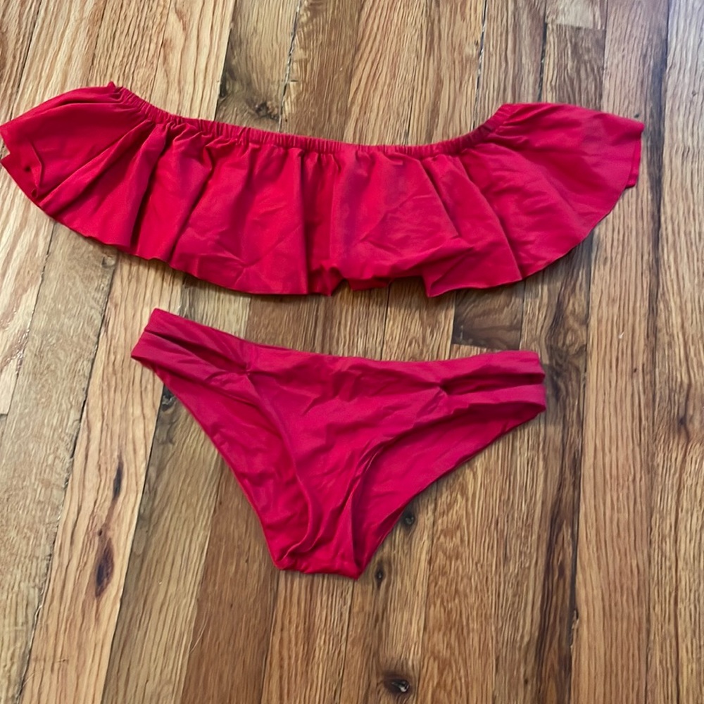 Red L space flutter top bikini